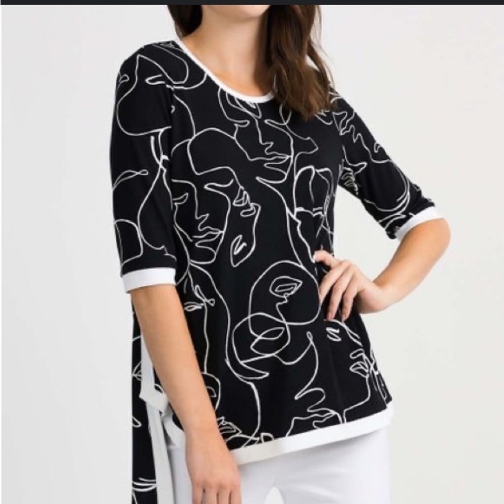 Joseph Ribkoff black and white Picasso print faces 3/4 sleeve asymmetric blouse